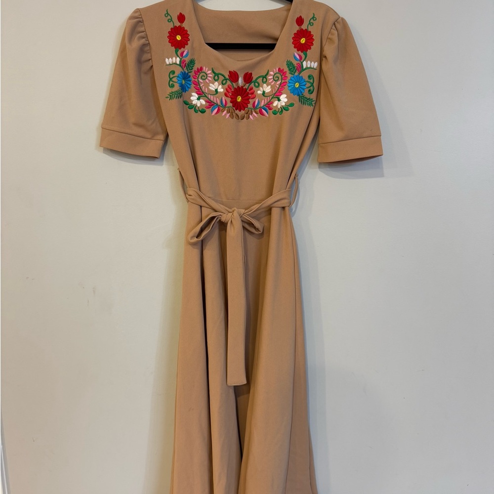 Embroidered Beige Dress with Floral Design